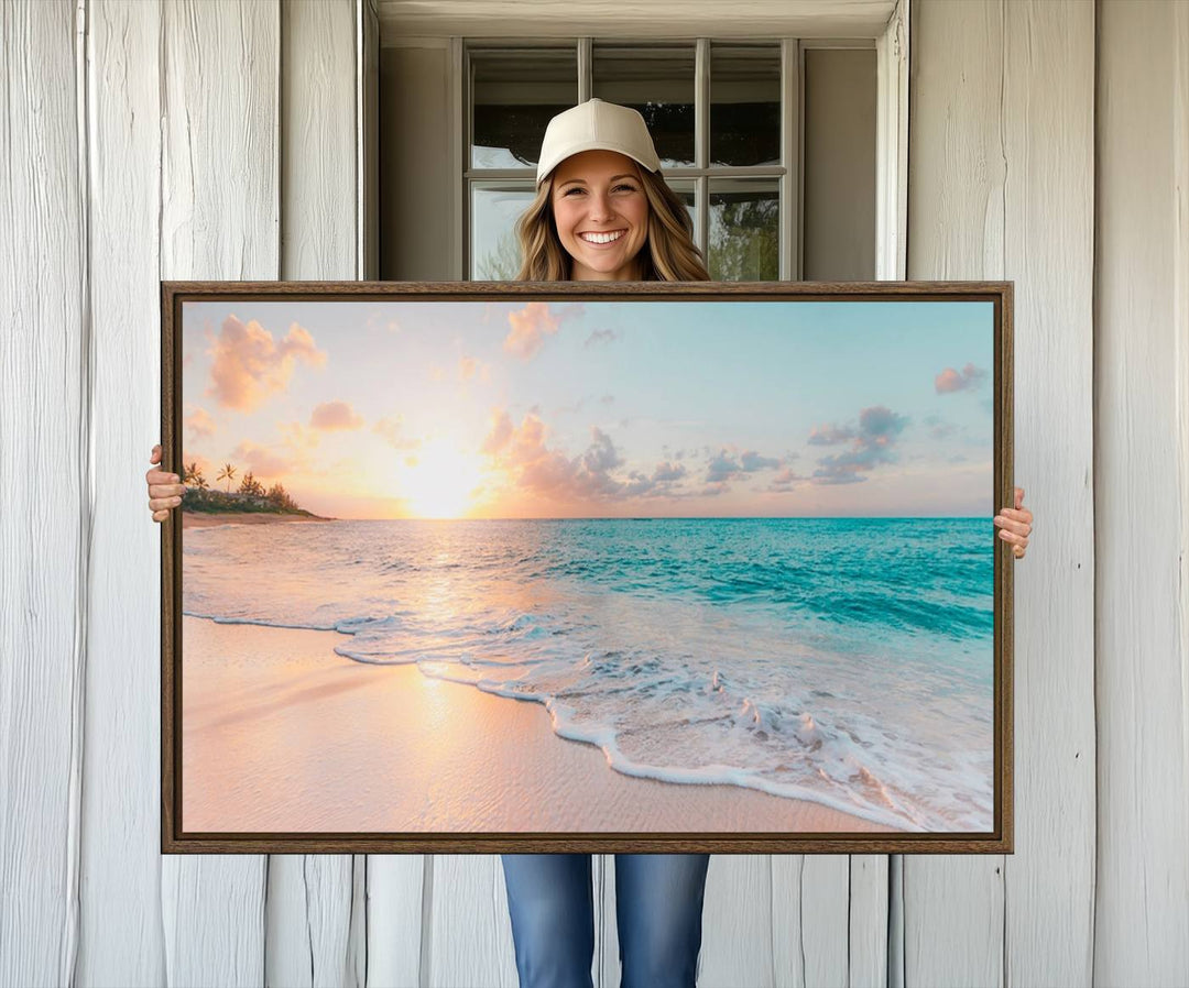 The kitchen features the Beach Sunrise Wall Art, Coastal Sunset Beach Scene.