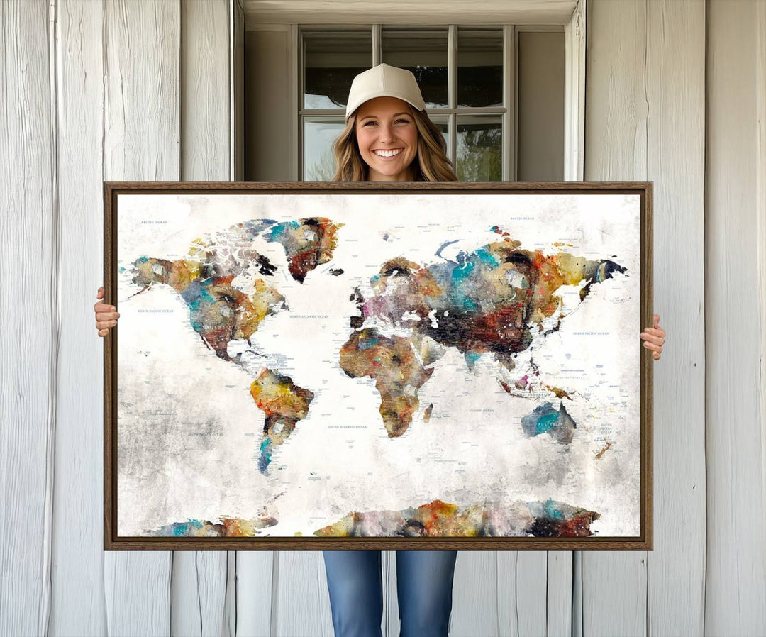 The Colorful World Map Wall Art Canvas Print adds vibrance to the space, ideal for geography lovers.