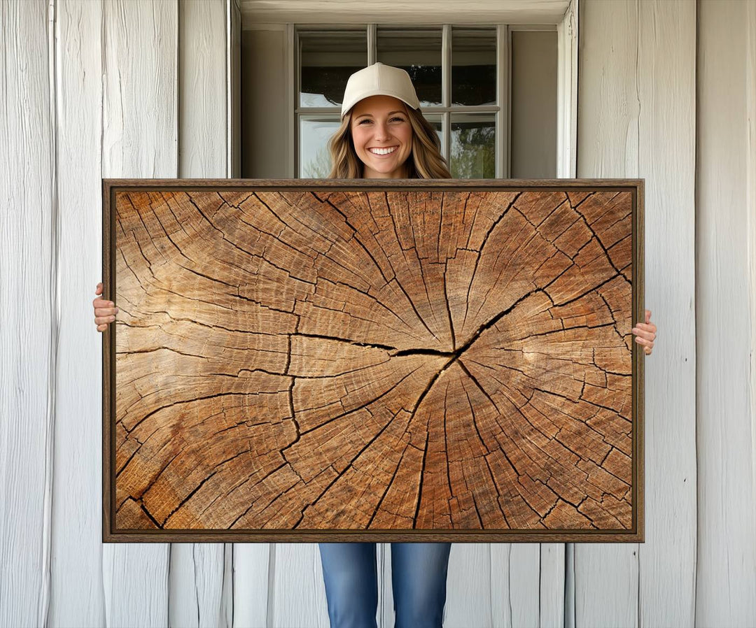 Tree Ring Canvas Art decorates a textured wall.