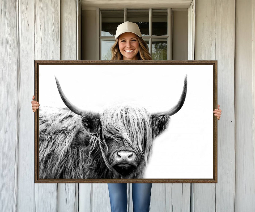 Framed Black and White Scottish Highland Cow Art Print.