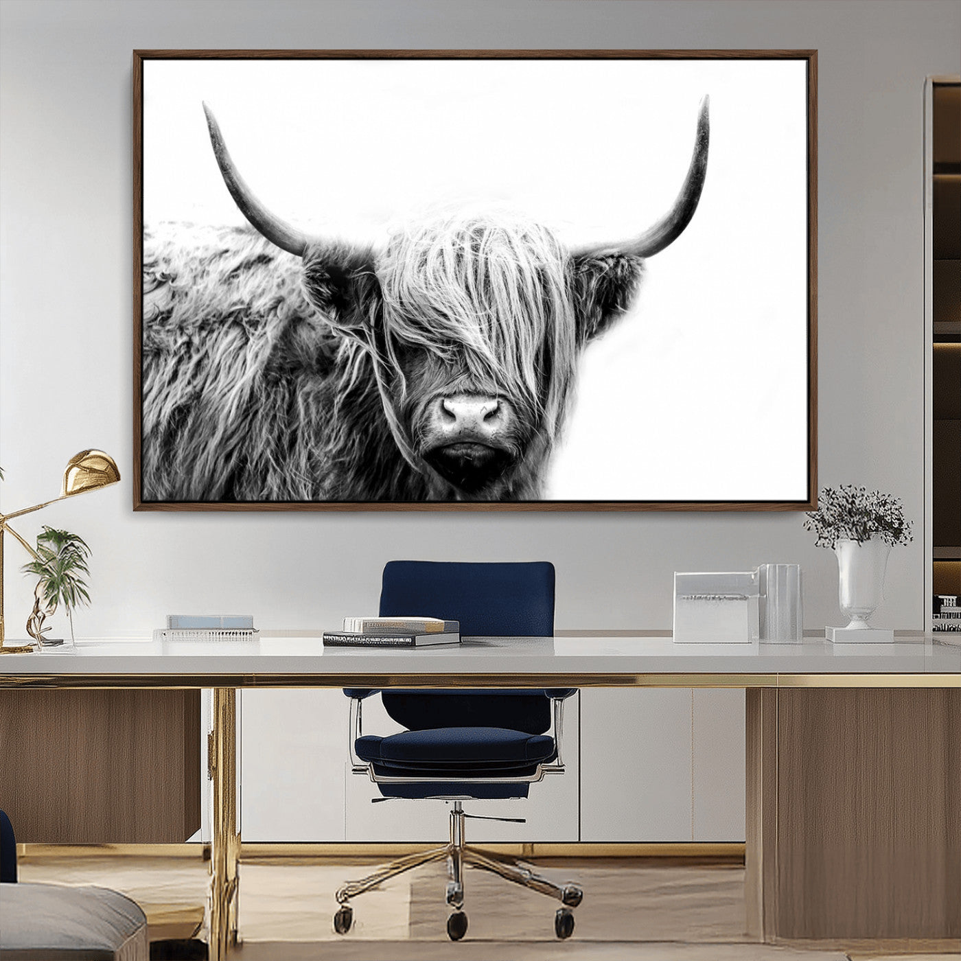 MGV-FC-36X24 - Black White Scottish Highland Cow Cattle Art Print Farmhouse Wall Art Canvas Print