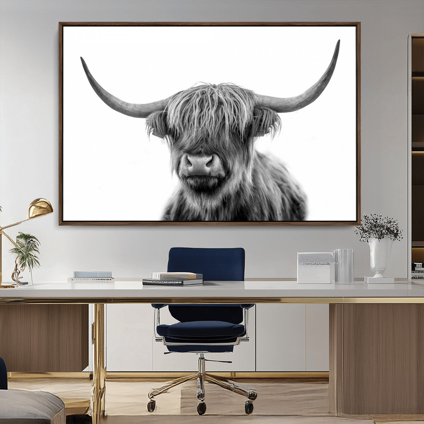MGV-FC-36X24 - Grayscale Scottish Highland Cow Cattle Art Print Farmhouse Wall Art Canvas Print