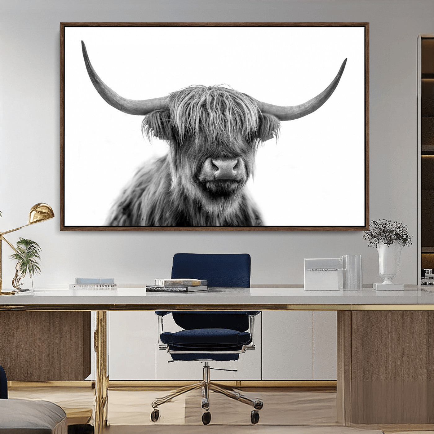 MGV-FC-36X24 - Scottish Highland Cow Cattle Art Print Wall Art Canvas Print for Farmhouse Decor, Framed Scottish