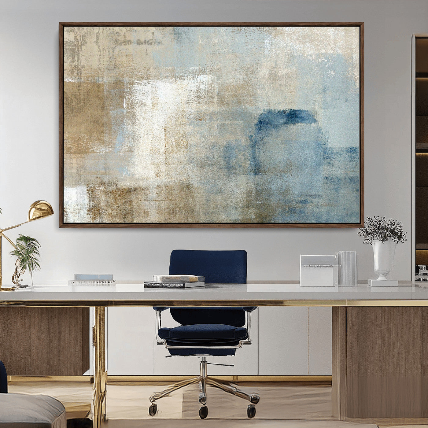 MGV-FC-36X24 - Abstract Blue and Beige Wall Art, Modern Minimalist Canvas Print Set, Giclee Textured Art, Large Multi-Panel Artwork for Living Room