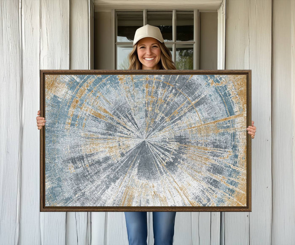 Radiant Abstract Wood Rings triptych art with radial blue, gray, and gold lines.