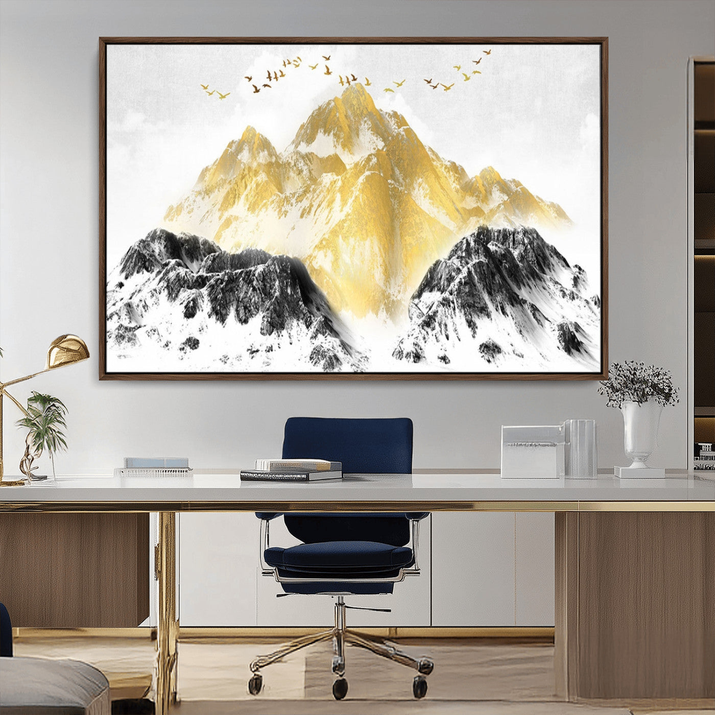 MGV-FC-36X24 - Golden Mountain Triptych Wall Art, Modern Giclee Canvas Print, Nature Landscape Decor for Living Room, Contemporary Gold and Black Wall Art