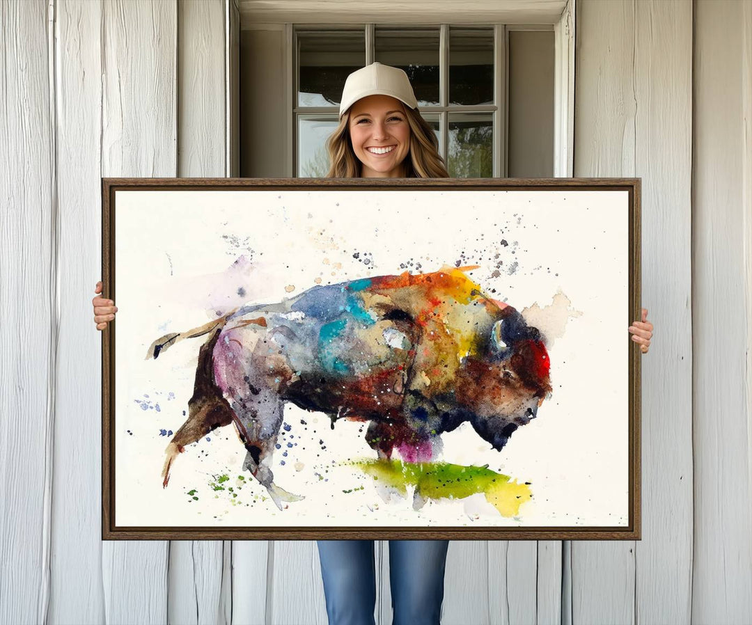 The dining area features Abstract Buffalo Wall Art, a colorful giclee multi-panel canvas.