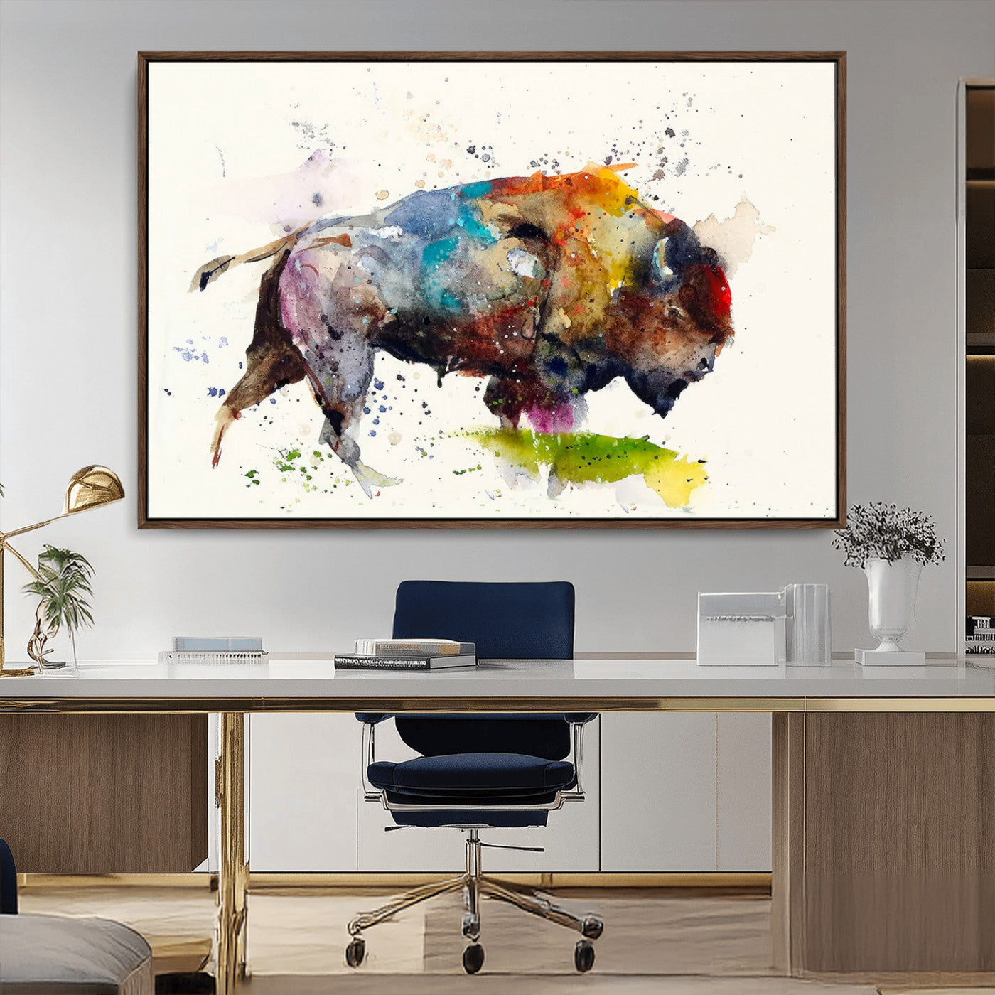 MGV-FC-36X24 - Abstract Buffalo Wall Art, Western Watercolor Bison Canvas Print, Rustic Buffalo Art for Cowboy and Western Decor, Large Multi-Panel Giclee Canvas