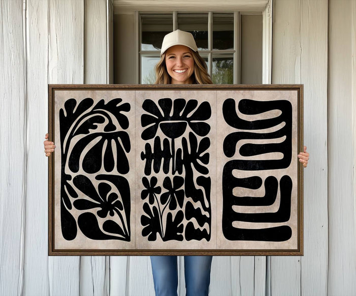 Canvas Print Wall Art Abstract Illustrs Art Boho features bold black patterns on a light background.