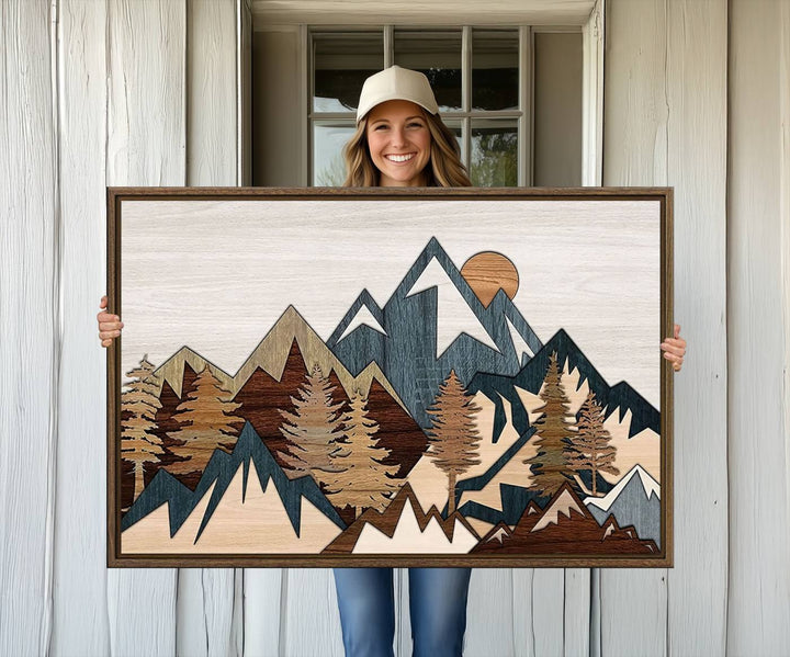 A Woodland Mountain Landscape Triptych serves as the centerpiece of the rustic decor.