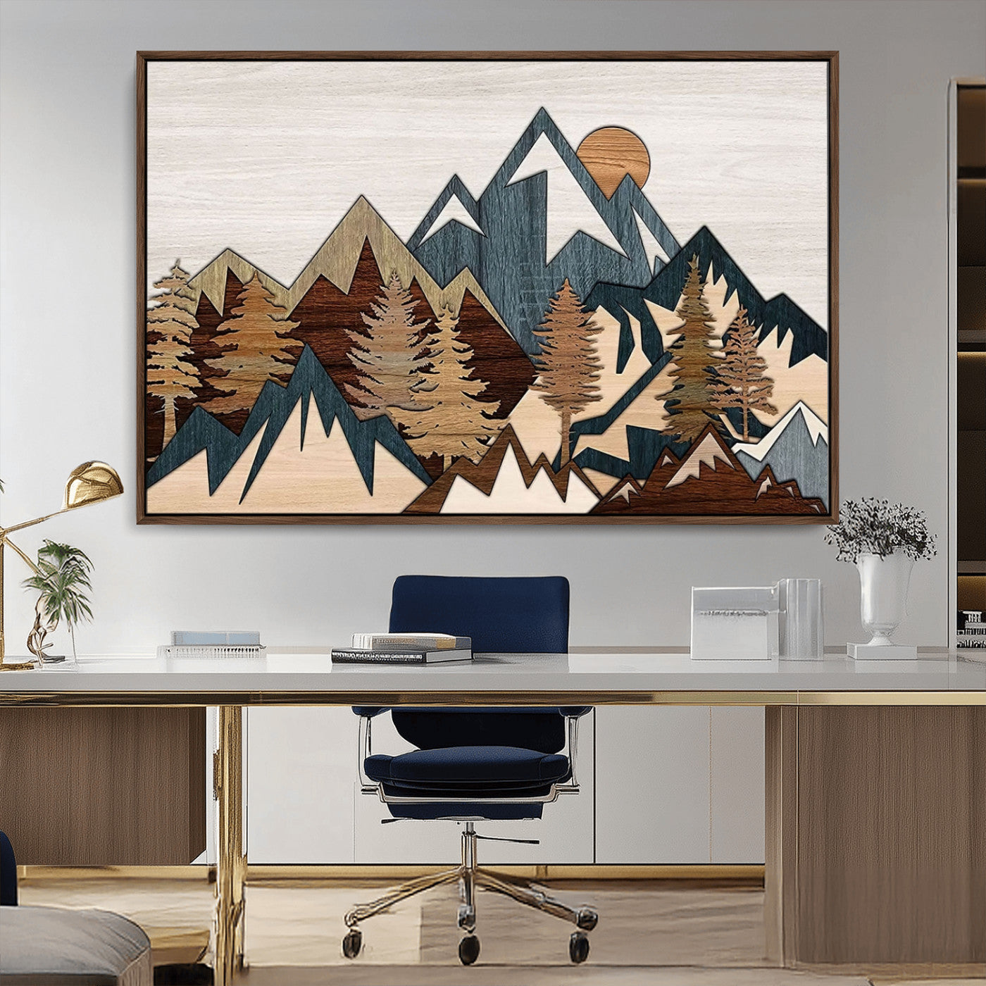 MGV-FC-36X24 - Woodland Mountain Landscape Triptych, Giclee Canvas Art for Modern Home, Rustic Wooden Nature Wall Art, Large Mountain and Tree Canvas for Living Room