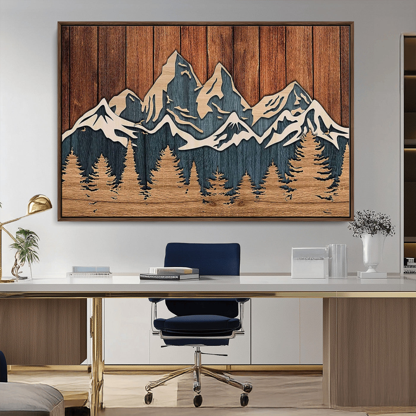 MGV-FC-36X24 - Rustic Wood Style Mountain Wall Art, Nature Forest Canvas Print, Wooden Textured Mountain Artwork, Handcrafted Landscape Decor for Farmhouse Decor