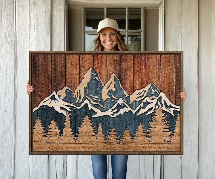 Rustic Wood Style Mountain Wall Art hangs on the wall.