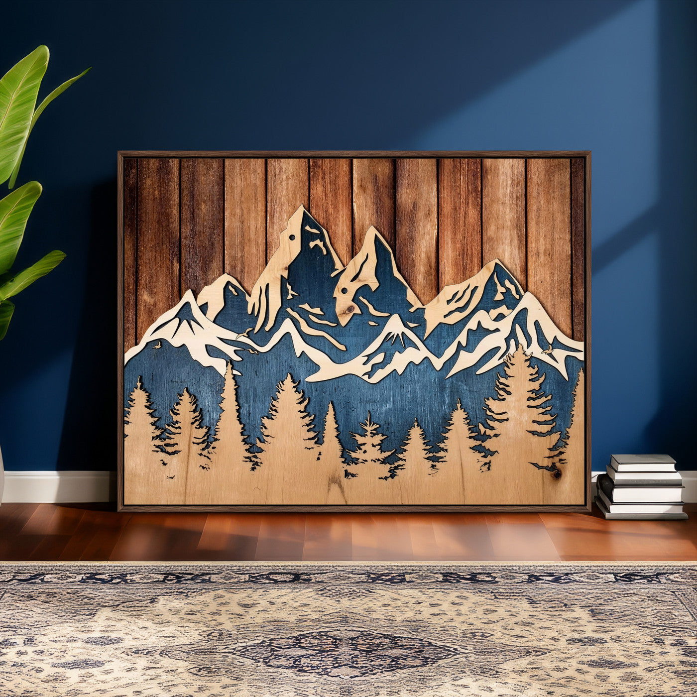 41330-MGV-CV-36X24 - Rustic Wood Style Mountain Wall Art, Nature Forest Canvas Print, Wooden Textured Mountain Artwork Print
