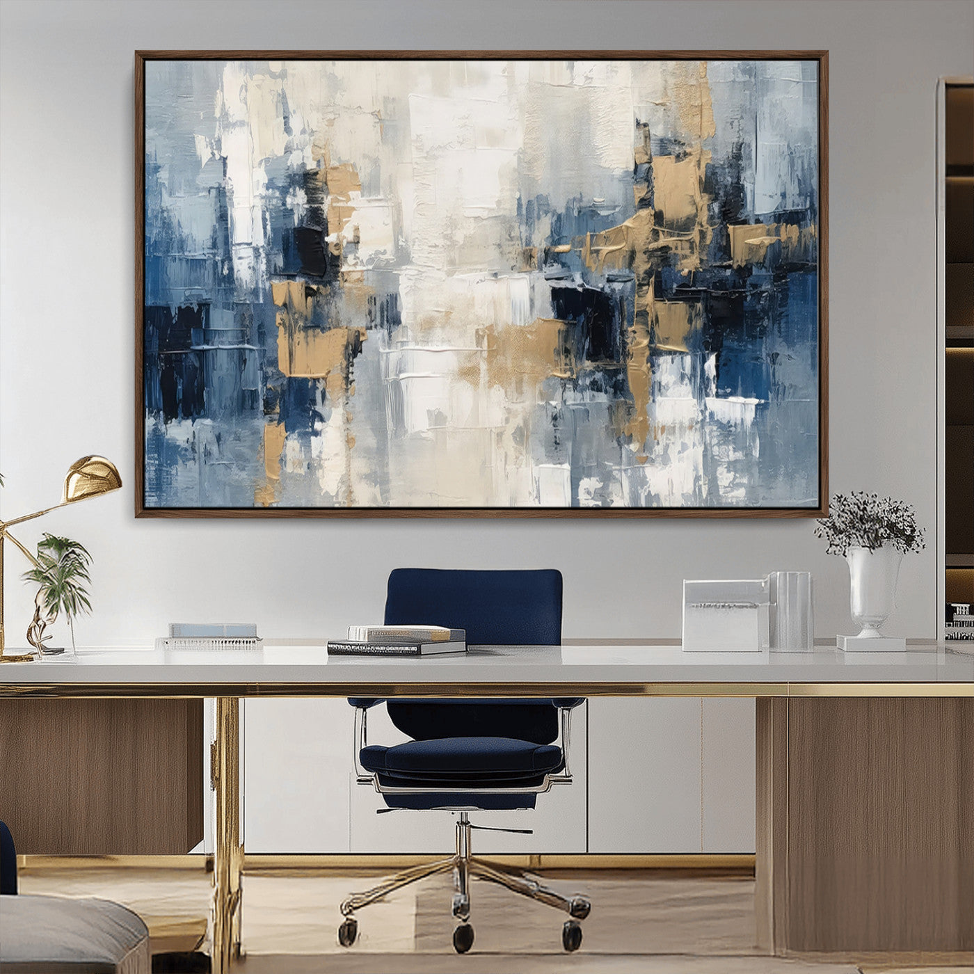 -Modern Abstract Canvas Wall Art in Blue and Gold Tones | Large Contemporary Art for Living Room,