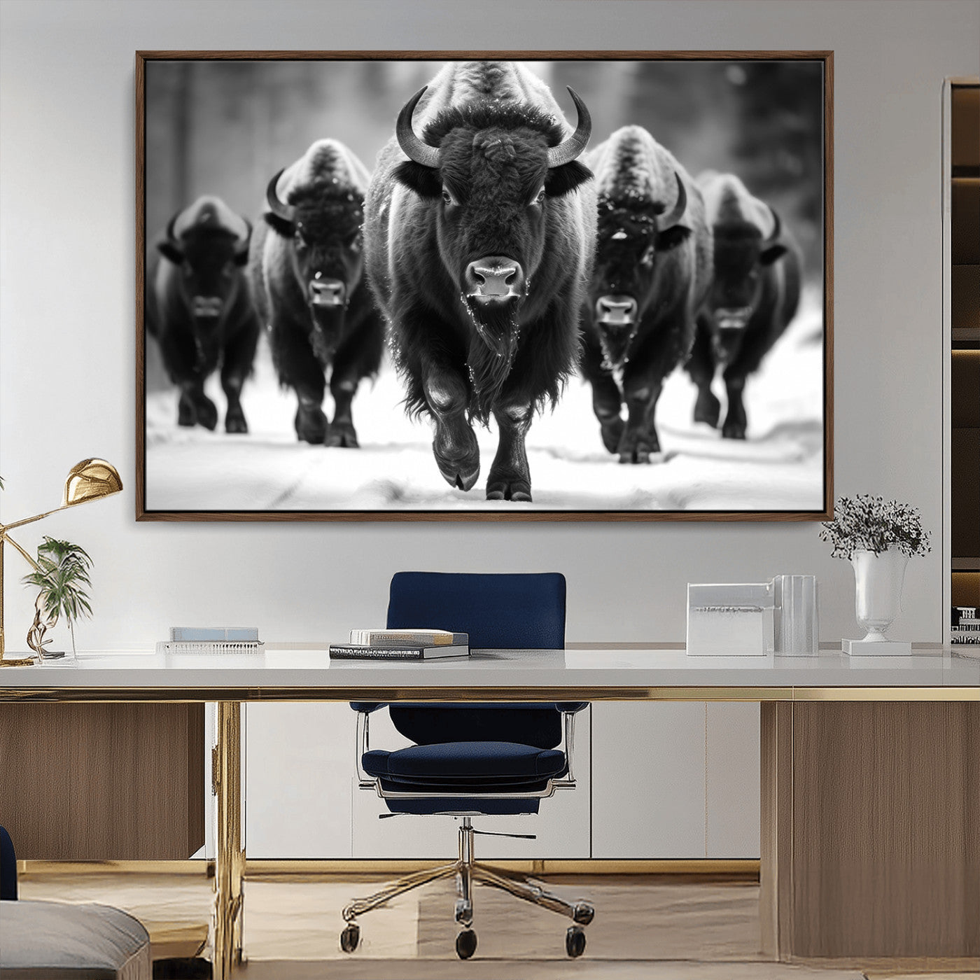 MGV-FC-36X24 - American Bison Art | Buffalo Herd Wall Art Canvas Print, BW American Bison Herd Wall Art Canvas Print
