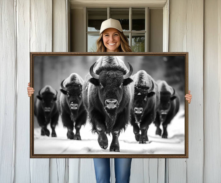 A black and white American Bison herd canvas print adorns the wall.