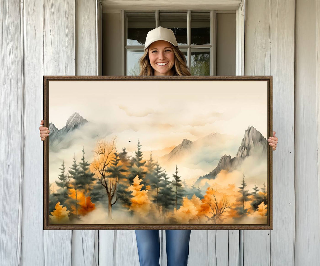 A wall art of Abstract Watercolor Mountains and Trees Autumn on museum-quality canvas.