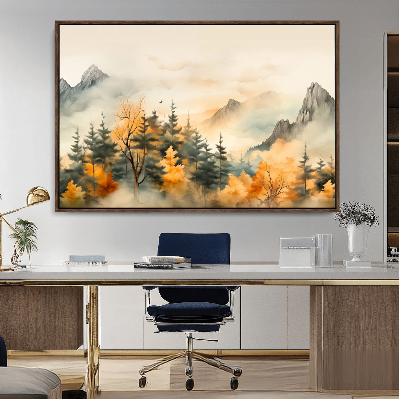 MGV-FC-36X24 - Abstract Watercolor Mountains and Trees Autumn Art, Watercolor Mountains and Trees Canvas Print