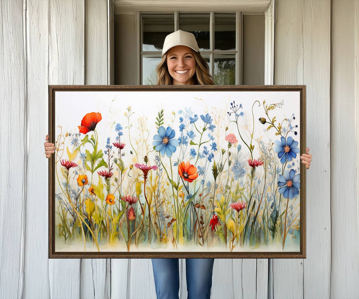 The vibrant Colorful Wildflower Canvas Wall Art adorns the wall.