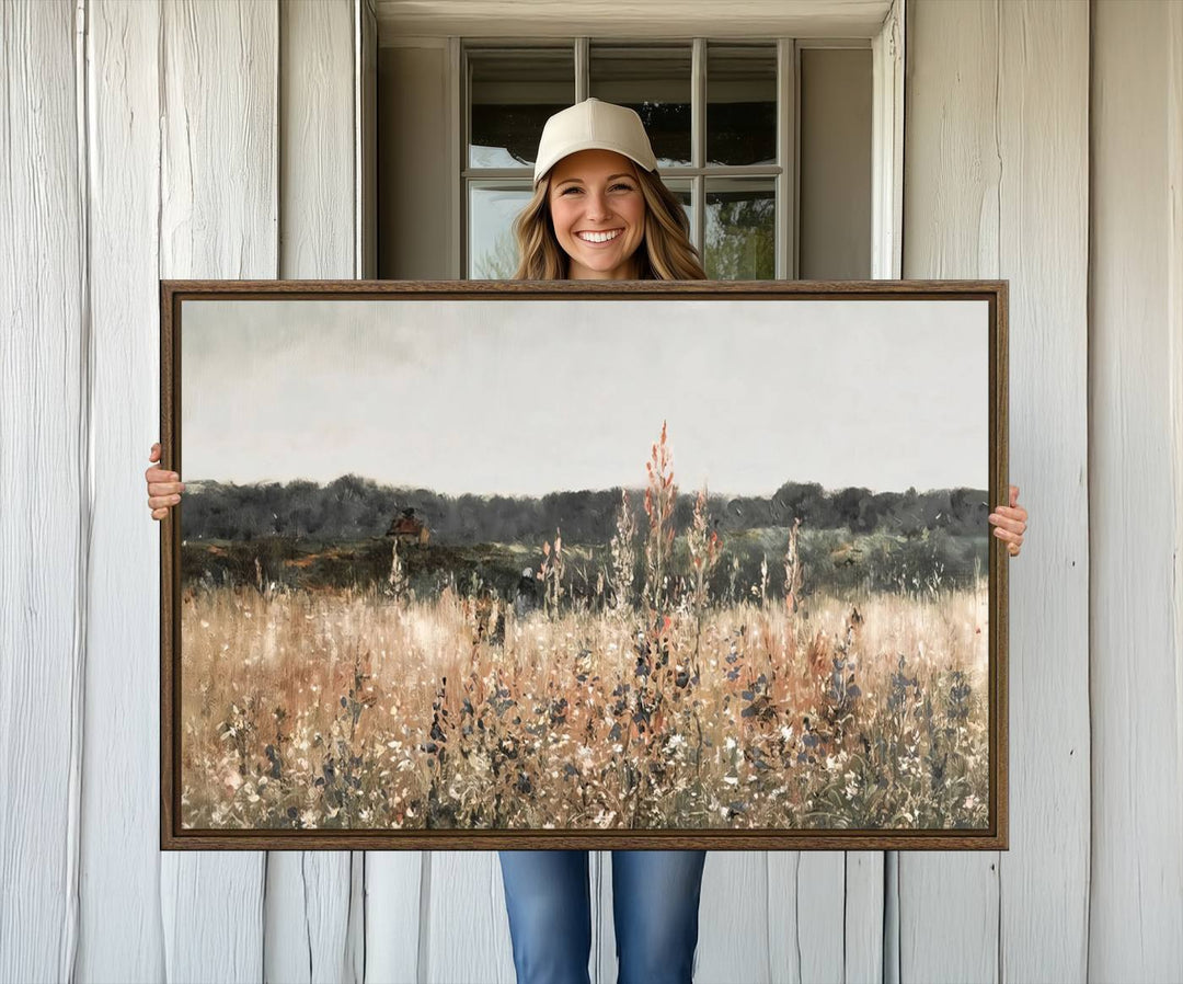 A dining room featuring the Abstract Wildflower Art Field Landscape Oil Painting Print.