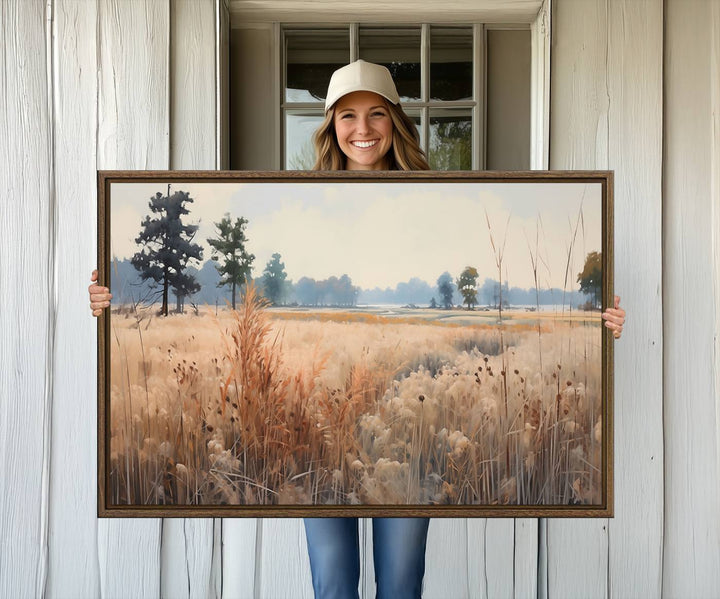 The Golden Fields Canvas Art Print, depicting a serene landscape, adds tranquility with its presence.