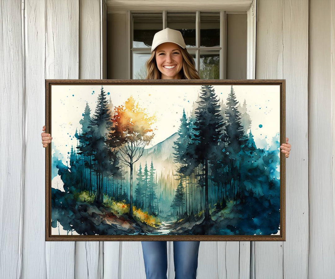 The Watercolor Trees Forest Abstract canvas print is displayed prominently.