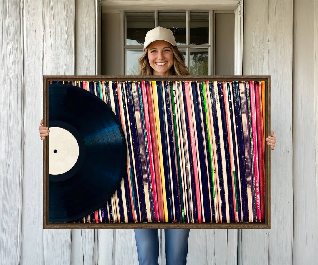 The Vinyl Record and Album Collection Canvas above the dining table enhances the modern kitchen, creating a perfect aesthetic for vintage vinyl lovers.