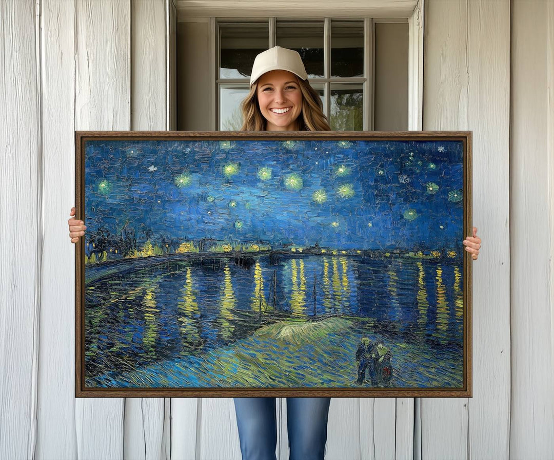 A Vincent van Gogh Starry Night over the Rhone canvas print is displayed on a porch.