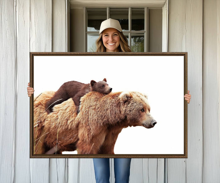 Mother and Baby Bear canvas: an adorable wildlife print displayed on a dark green wall.