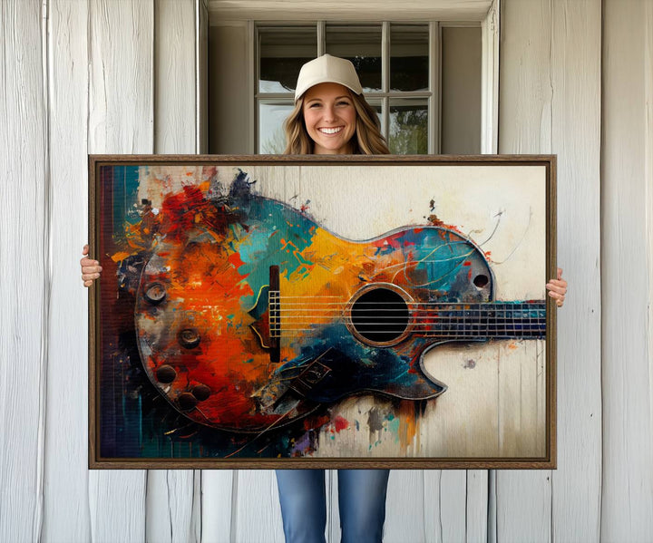 A vibrant guitar wall art canvas is mounted on the wall.