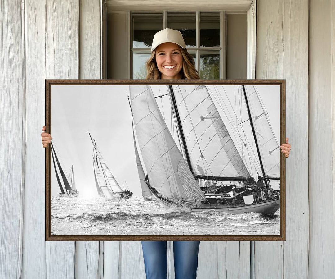 Yacht Sailboat Regatta canvas print on a textured wooden wall.