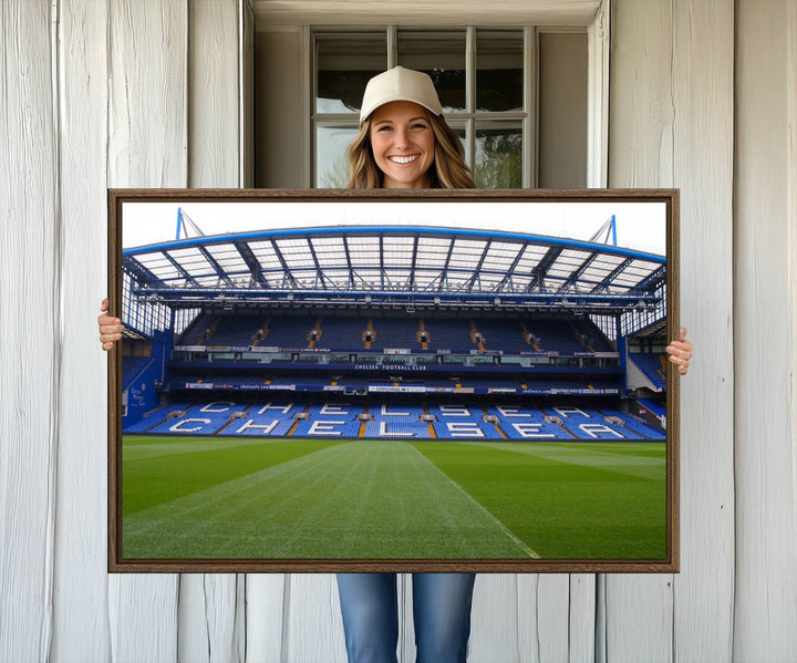 The wall art features a Chelsea FC Stamford Bridge Stadium canvas print.