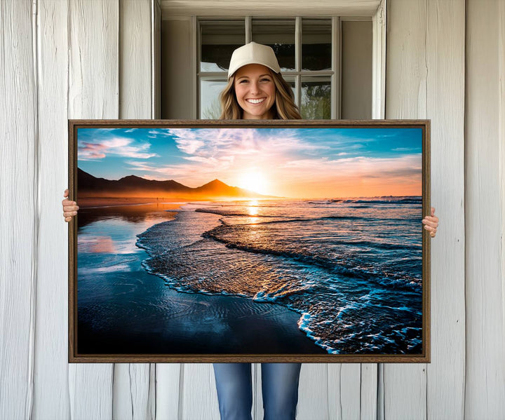 The Sunset Beach Ocean Canvas Wall Art – Tranquil Reflections at Dusk enhances the ambiance with its captivating depiction of serene ocean views at dusk.