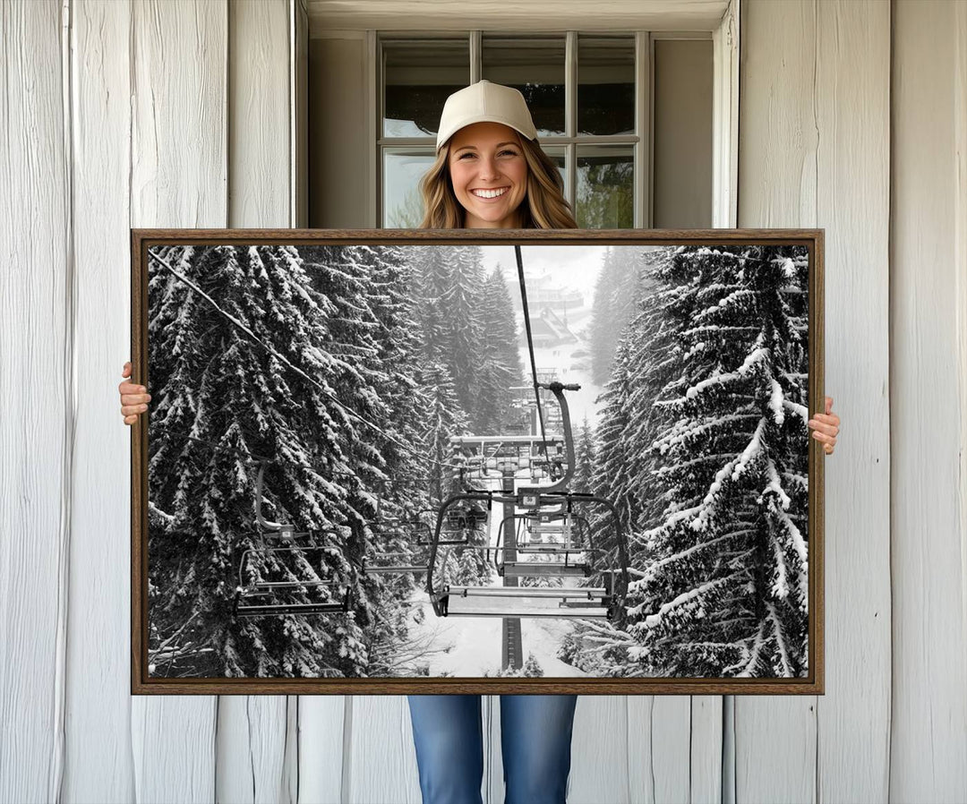 The Winter Ski Lift Canvas in minimalist style adds a unique touch to the dining room.