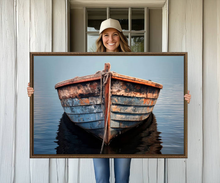 Stunning vintage boat canvas print featuring a calm water scene.