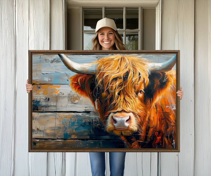 The dining room features Highland Cow Abstract Canvas Wall Art in a farmhouse rustic decor style.