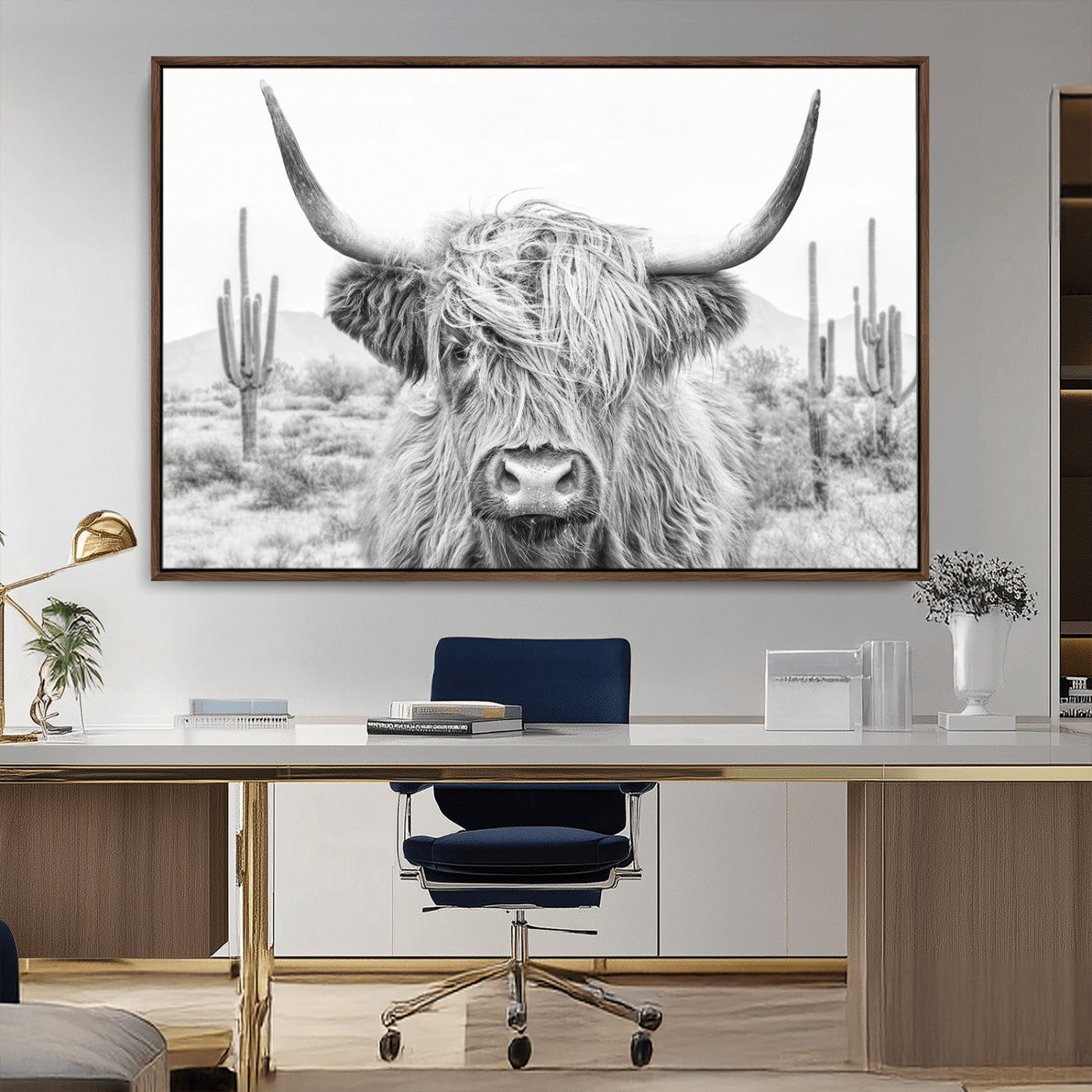 -Rustic Charm | Cow Longhorn Black White Bighorn Wall Art Canvas Print | Farmhouse Wall Art