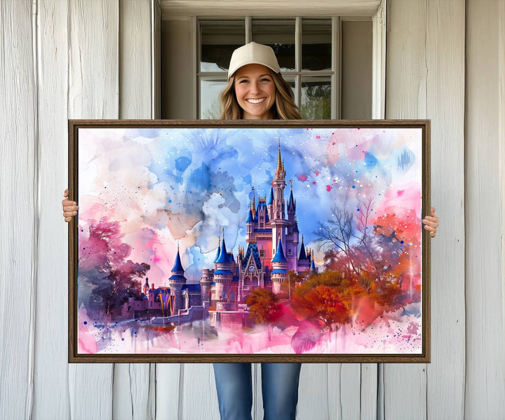 A Disney Wall Art: Dreamy Watercolor Cinderella Castle Canvas Print hangs prominently.