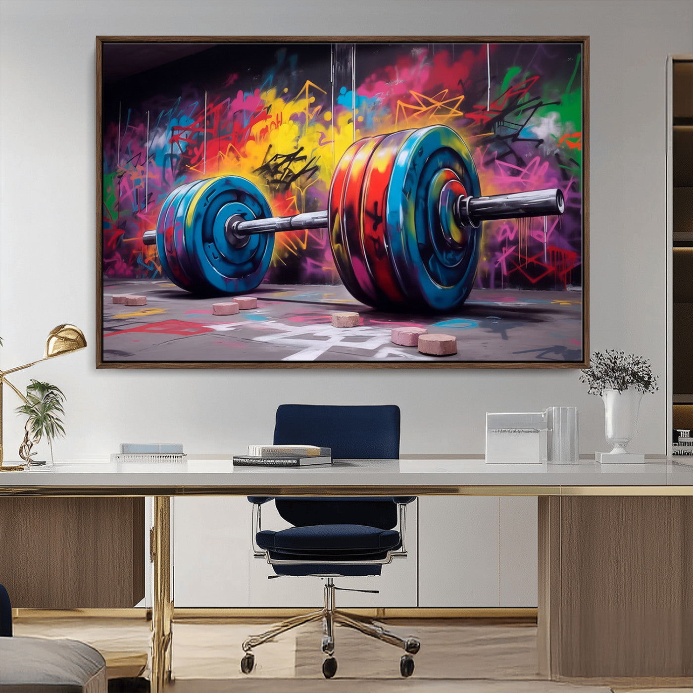 MGV-FC-36X24 - Abstract Graffiti Barbell Canvas Wall Art – Urban Fitness Meets Bold Street Art Print - Gym Wall Art Print