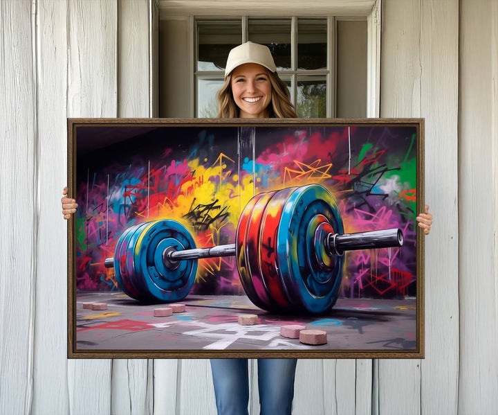 The Abstract Graffiti Barbell Canvas Wall Art is displayed on a porch.