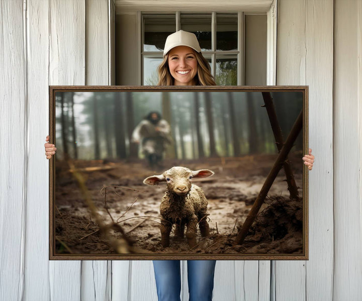 The Jesus Running After a Lost Lamb canvas wall art print depicts a lamb in a muddy forest.