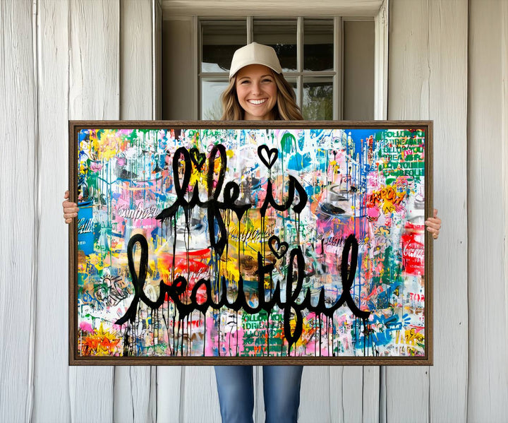 The Life Beautiful graffiti style canvas print is showcased in black script.