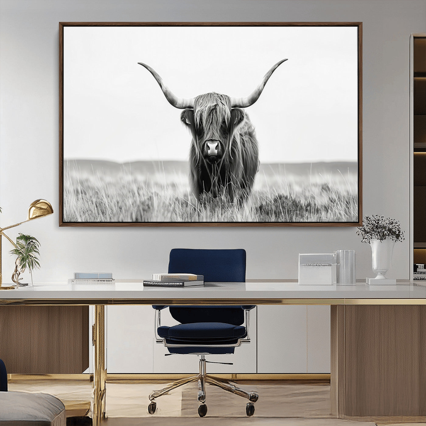 MGV-FC-36X24 - Highland Cow Canvas Wall Art – Majestic Beauty in Black and White – Ready to Hang