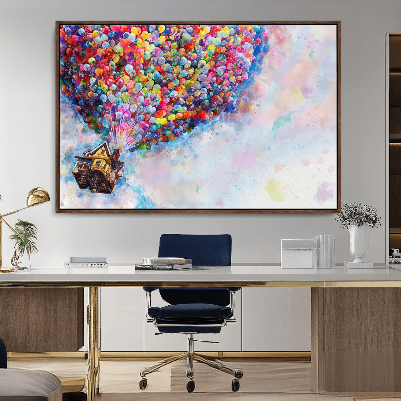 MGV-FC-36X24 - Don't Look Up Movie Canvas Wall Art - Vibrant Floating House and Balloons Scene, Tribute to Iconic