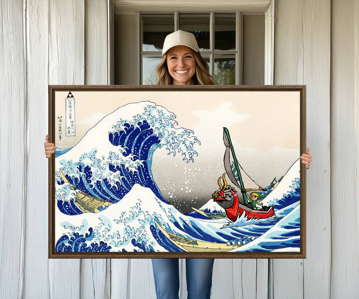 The Katsushika Hokusai Kanagawa Giant Wave Canvas print captures a vibrant sailing scene.