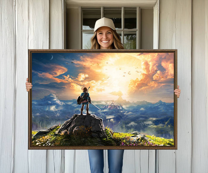 A vibrant Legend of Zelda Breath of the Wild canvas print depicts a figure standing on a rock with mountains and sky in the background.