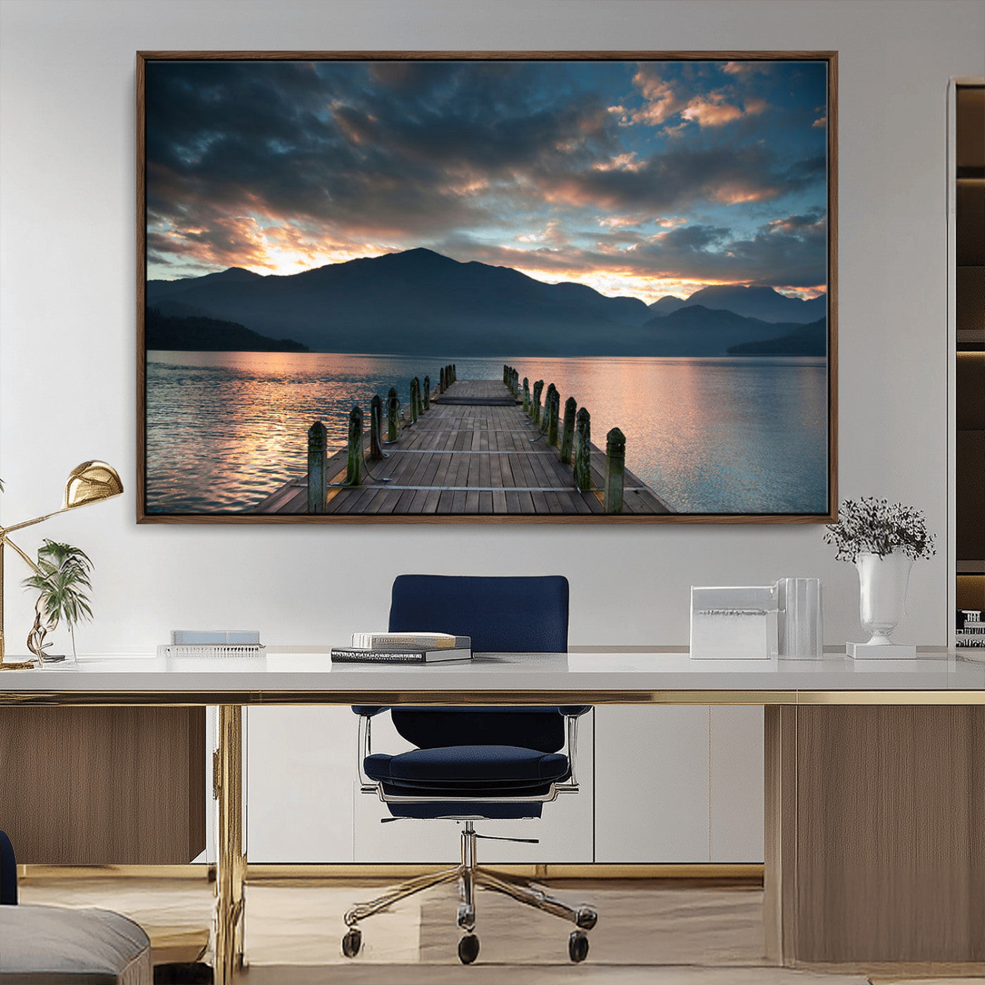 MGV-FC-36X24 - Mountain Lake Wood Pier Canvas Wall Art Nature Lake Print