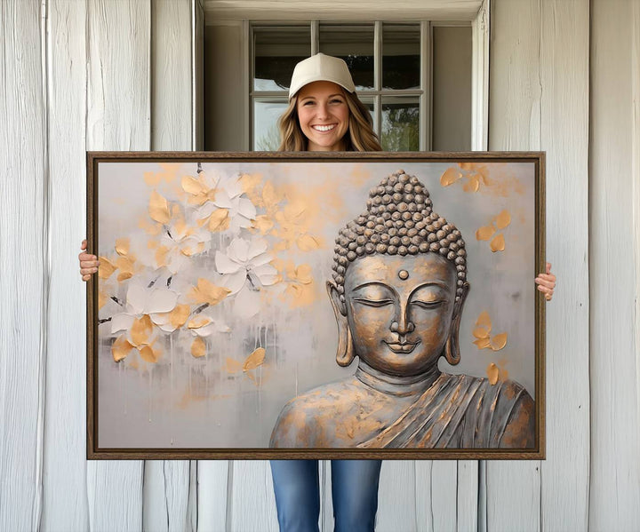 The serene dining room features Abstract Buddha Statue Wall Art.