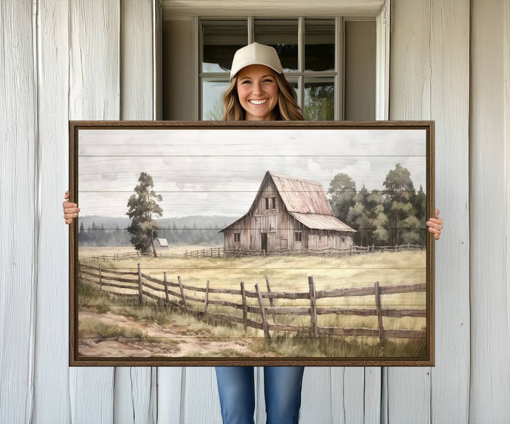 The wall is adorned with a Rustic Farmhouse Barn Wall Art.